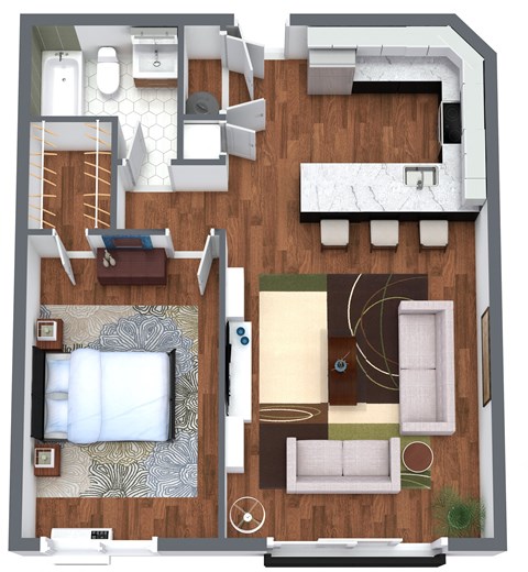 Floor plan for 1 bed, 1 bath, 691 sqft